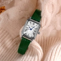 Classic rectangular silver watch with roman numerals and deep green leather strap - Silver Case White Dial Green Strap