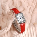 Classic rectangle silver watch with white dial, Roman numerals and red leather strap - Silver Case White Dial Red Strap