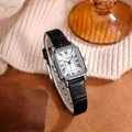 Elegant women's square silver watch with Roman numerals and black leather strap - Silver Case White Dial Black Strap