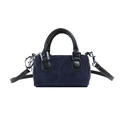 Mini navy blue corduroy cylinder bucket bag for kids with black PU leather straps - Blue