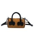 Mini borsa a secchiello in velluto a coste kaki per bambini con fiocchi in pelle nera e metallo - Marrone