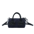 Mini borsa a secchiello in velluto a coste blu per bambini con fiocchi e manici in pelle - Blu scuro