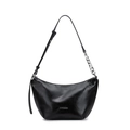Bolso de hombro media luna negro minimalista en piel brillante con cadena plateada - Negro