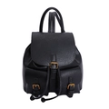 Classic black faux leather backpack with vintage buckle pockets and drawstring closure - Black