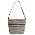 Rainbow striped woven bucket bag with leather strap and colorful bohemian pattern - Large / Straw