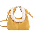 Sac moutarde en daim avec poignée en fausse fourrure blanche et bandoulière en cuir - Jaune
