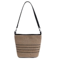 Detail of woven straw bucket bag with black leather strap and metallic silver clasps - Small / Black