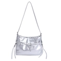 Silver metallic PU leather large tote bag with buckle straps and minimalist design - Silver