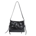 Glossy black PU leather tote bag featuring stylish side straps and a metallic buckle - Black