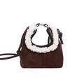 Borsa da donna in pelle scamosciata marrone scuro con bordo in ecopelliccia bianca - Marrone