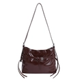 Dark brown high-gloss PU leather tote bag with silver buckle and shoulder strap detail - Coffee