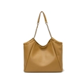 Ginger yellow pebbled leather tote bag with elegant silver metal chain strap for women - Khaki