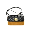 Crossbody bag with black quilted flap and mustard yellow suede body with gold clasp - Brown
