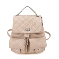 Beigefarbener gesteppter Lederrucksack mit Rautenmuster und Metallketten-Griff - Khaki