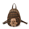 Mini sac à dos à carreaux pour enfants avec pendentif chien en peluche et cuir brun - Orange