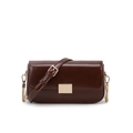 Chic dark brown square crossbody bag with gold lock and chain strap on white background - Brown