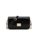 Minimalist black glossy crossbody square bag with golden buckle and chain strap - Black