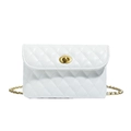Close-up of white quilted crossbody bag with gold turn-lock and leather chain strap - Off White