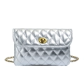 Close-up of silver quilted crossbody bag with metallic finish and gold twist lock clasp - Silver