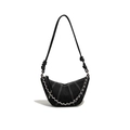 Borsa croissant nera retrò con cuciture bianche e catena in metallo argento - Nero