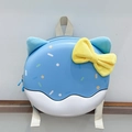 Detail of blue shell backpack with cute plush cat ears and large yellow velvet bow decoration - Blue