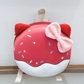 Detail of red kitty ear backpack with pink plush bow and 3D donut shell design - Red