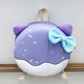 Detail of creative round backpack with lavender 3D cat ears and blue plush bow - Purple