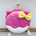 Detailed front view of pink donut-shaped toddler backpack with plush ears and yellow bow - Pink