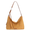 Yellow suede hobo bag with knotted leather strap and chain detail on white background - Yellow