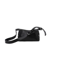 Black PU leather crossbody bag with wide grommet strap and silver metal hardware - Black