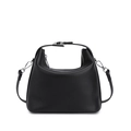 Elegant black lychee textured leather handbag with silver hardware and adjustable strap - Black