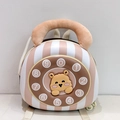 Detail of pink striped shell backpack featuring a vintage phone dial and yellow bear - Brown