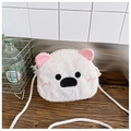 Macro detail of white plush bear crossbody bag with soft faux shearling and woven strap - Bear