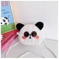 Detail of cute plush panda shoulder bag for kids with fuzzy texture and pink blush details - Panda