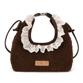 Mini borsa a tracolla in peluche marrone scuro con pizzo bianco e toppa con logo - Grande / Marrone