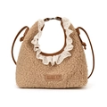 Borsa a mano per bambini in pile cammello con bordo in pizzo bianco e tracolla - Grande / Cachi