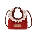 Red fuzzy wool crossbody bag with white lace trim and brown leather handles for women - Small / Red