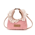Pink lamb wool handbag with white lace trim and leather patch for girls and mothers - Small / Pink