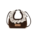 Brown plush mini crossbody bag with white lace trim and adjustable thin shoulder strap - Small / Brown