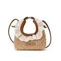 Kids khaki lamb wool handbag with white lace trim and adjustable crossbody strap - Small / Khaki