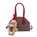 Kinderhandtas met rood pied-de-poule patroon en een schattige pluche beer - Rood Klein Met Hanger