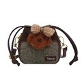 Kids brown leather bucket bag with cute plush puppy and plaid bow on woven fabric - Brown
