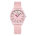 Rosafarbene Silikonuhr mit gewellten Zeigern und leuchtenden arabischen Ziffern - Rosa Gehäuse Rosa Zifferblatt Rosa Armband