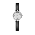 Elegant women's watch with silver rhinestone bezel and black leather strap - Silver Case White Dial Black Strap