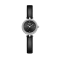 Elegant women's watch with black leather strap, silver rhinestone case and sunray dial - Silver Case Black Dial Black Strap