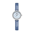 Elegant women's watch with light blue leather strap and sunray textured dial with rhinestones - Silver Case Blue Dial Blue Strap