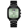 GEDI black square watch with green sunburst dial, moon phase, and metal link bracelet - Black Case Light Green Dial