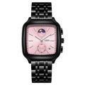 Square quartz watch with black metal strap and pink sunray dial showing date and sub-dials - Black Case Pink Dial