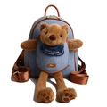 Mochila infantil de mezclilla azul claro con oso de peluche 3D y asas de cuero - Grande / Azul
