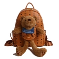 Zaino in pelle marrone con motivi di orsi e un ciondolo a forma di orsetto di peluche - Grande / Giallo